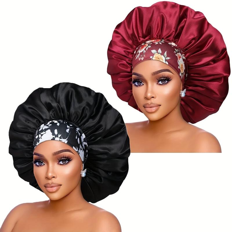 2PCS Satin Hair Bonnet For Women Elastic Wide Band Sleep Cap