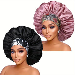 2PCS Satin Hair Bonnet For Women Elastic Wide Band Sleep Cap