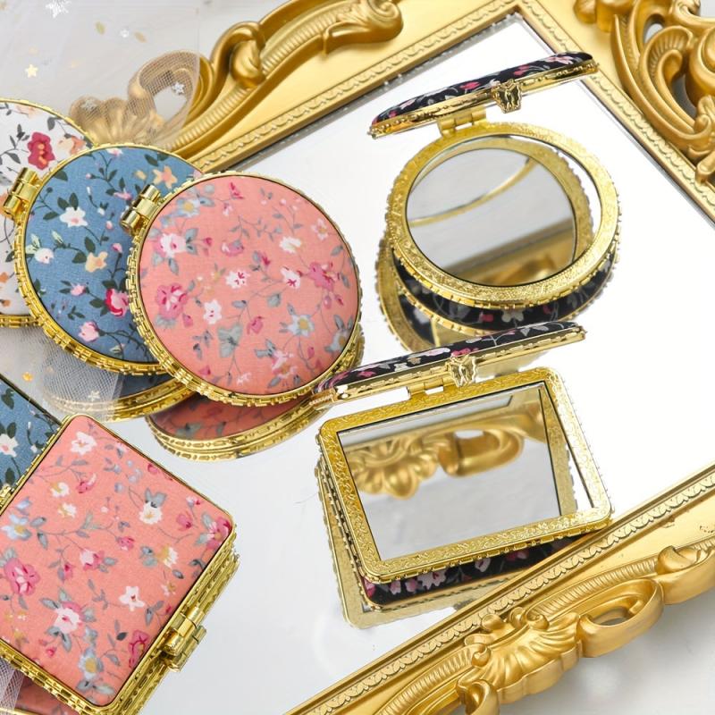 Vintage Floral Makeup Mirror Chinese Style Pocket Purse Beauty Handheld