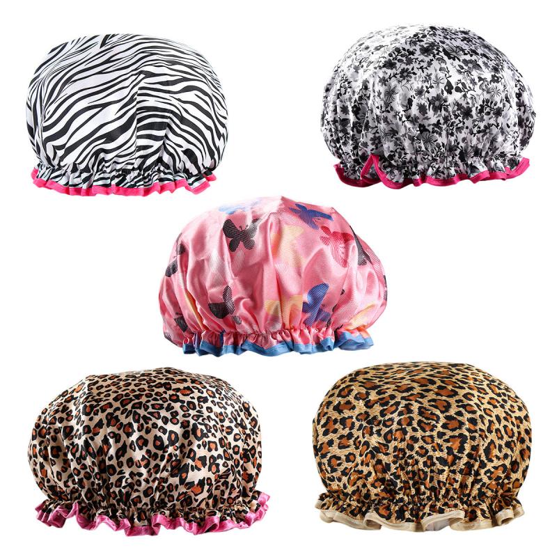 Leopard Print Silk Shower Cap Reusable Bath Cap Double Thickening Waterproof