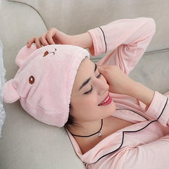 Cartoon Bear Hair Dryer Cap Coral Velvet Hair Quick Drying Wrap Headband
