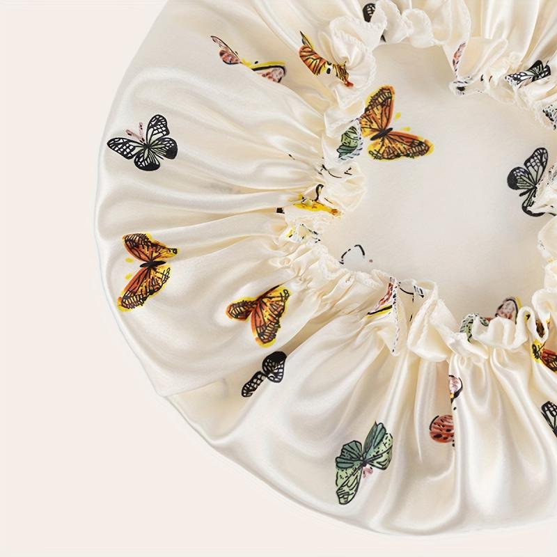 Beige Butterfly Pattern Hair Bonnet Silky Shower Cap for Women and Girls