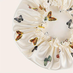 Beige Butterfly Pattern Hair Bonnet Silky Shower Cap for Women and Girls