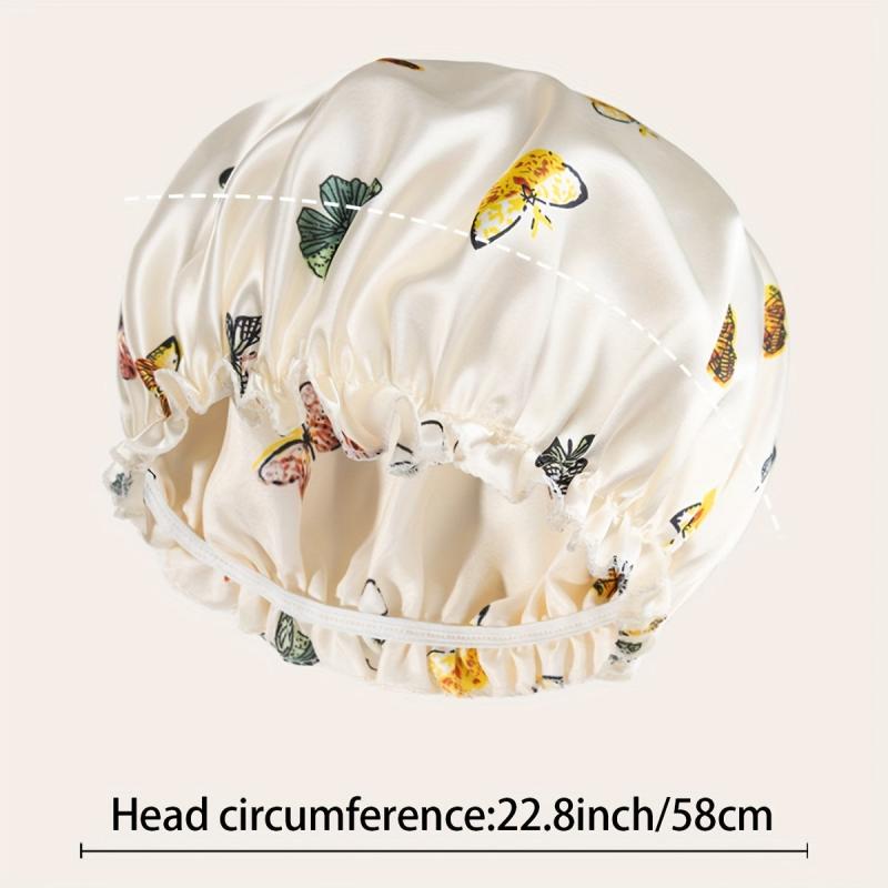 Beige Butterfly Pattern Hair Bonnet Silky Shower Cap for Women and Girls