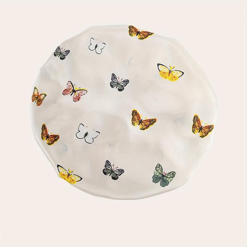 Beige Butterfly Pattern Hair Bonnet Silky Shower Cap for Women and Girls