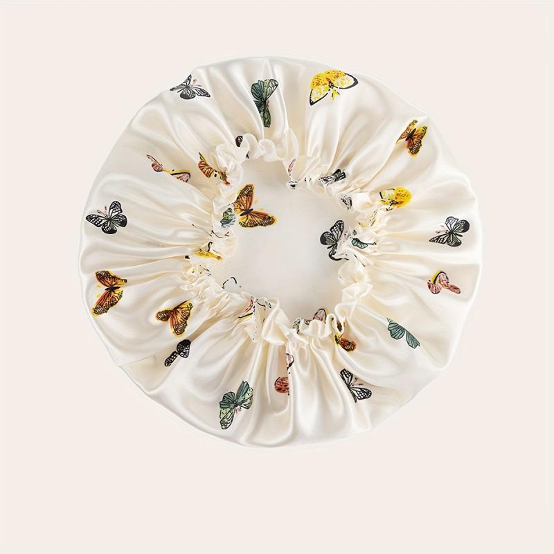 Beige Butterfly Pattern Hair Bonnet Silky Shower Cap for Women and Girls