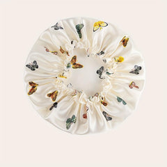 Beige Butterfly Pattern Hair Bonnet Silky Shower Cap for Women and Girls