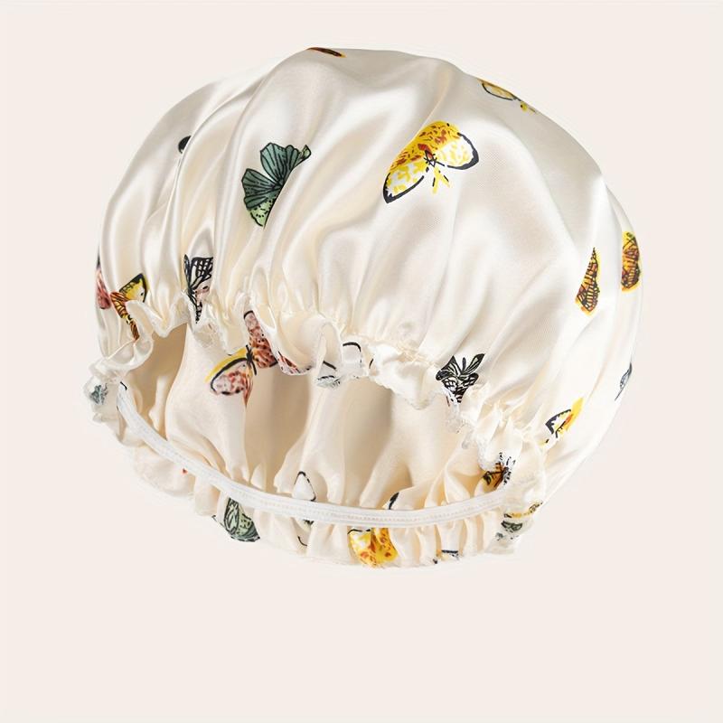 Beige Butterfly Pattern Hair Bonnet Silky Shower Cap for Women and Girls