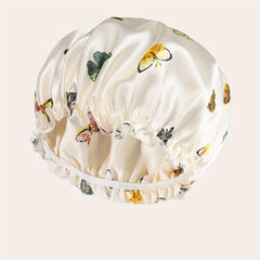 Beige Butterfly Pattern Hair Bonnet Silky Shower Cap for Women and Girls