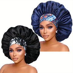 2pcs Large Jumbo Silk Satin Bonnet Hair Cap with Flower Band
