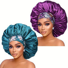 2pcs Large Jumbo Silk Satin Bonnet Hair Cap with Flower Band
