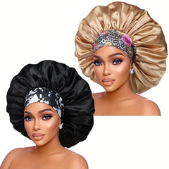 2pcs Large Jumbo Silk Satin Bonnet Hair Cap with Flower Band
