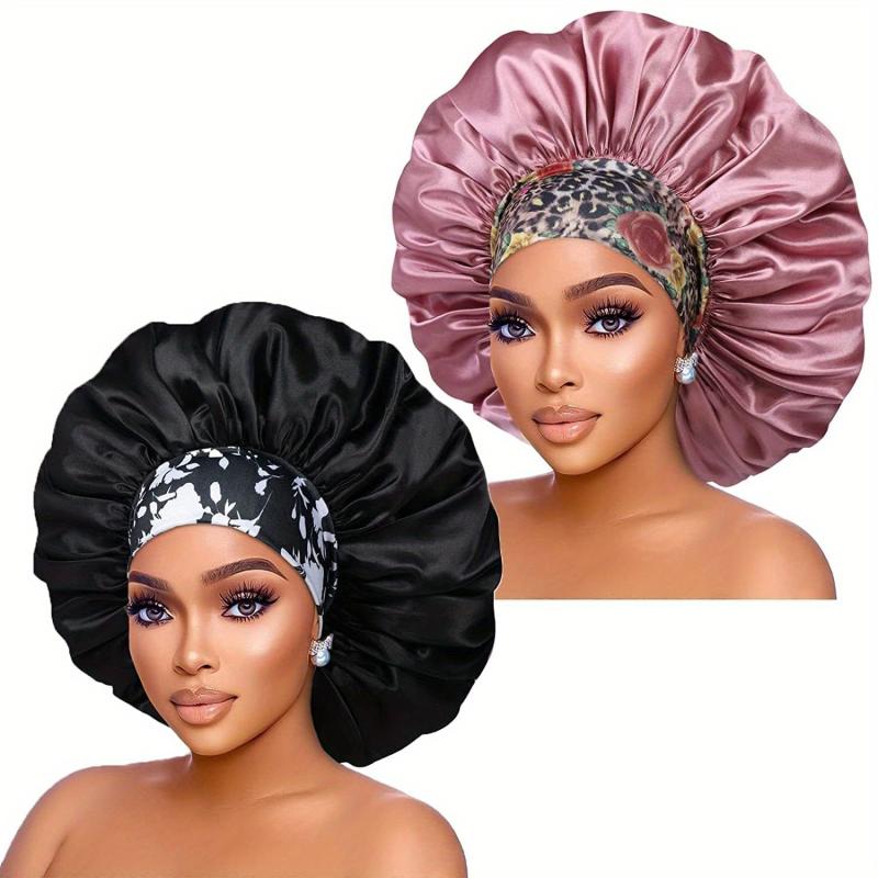 2pcs Large Jumbo Silk Satin Bonnet Hair Cap with Flower Band