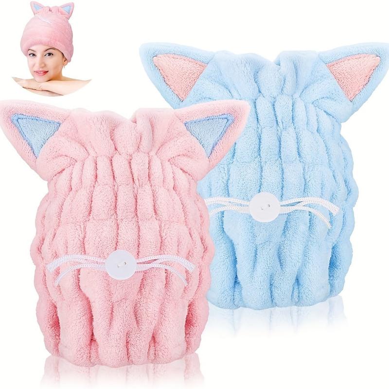 2 Pcs Cat Ear Hair Towel Wrap Microfiber Hair Turban for Wet Hair