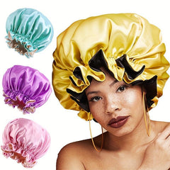 Double Layer Satin Hair Cap with Wooden Edges and Lace Trim