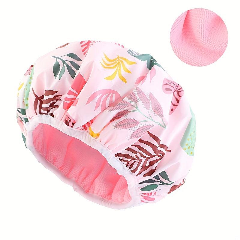 Pink Plant Pattern Waterproof Shower Cap for Women