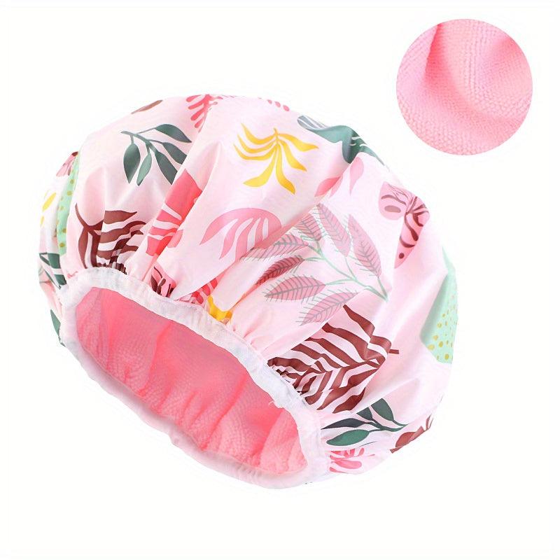 Pink Plant Pattern Waterproof Shower Cap for Women