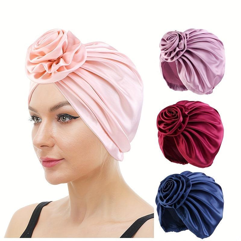 Silky Satin Flower Bonnet for Women - Hair Wrap for Curly Hair