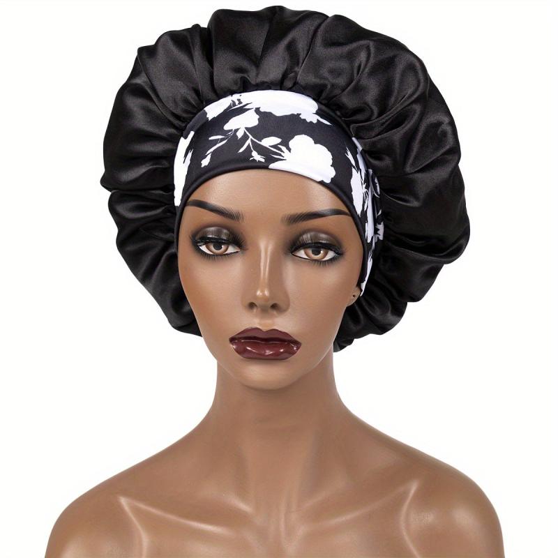 Women's Satin Bonnet for Curly Hair - Floral Wide Band Sleep Cap
