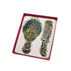 Vintage Mirror Comb Set Peacock Embossed Vanity Makeup Mirror