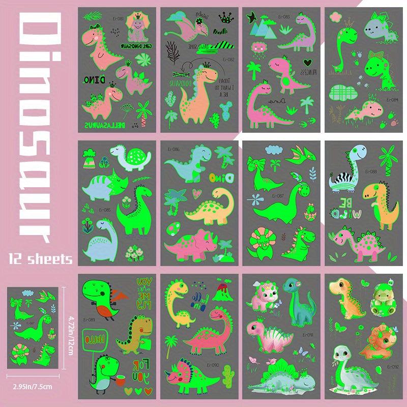 Glow in the Dark Dinosaur Temporary Tattoos, 90 Styles, Waterproof, 12 Sheets