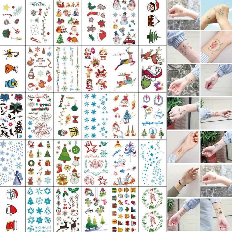 30 Pcs Christmas Tattoo Stickers Cartoon English Letter Waterproof Body Art