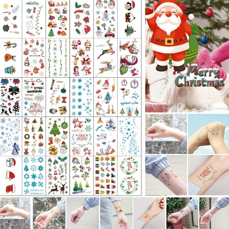 30 Pcs Christmas Tattoo Stickers Cartoon English Letter Waterproof Body Art