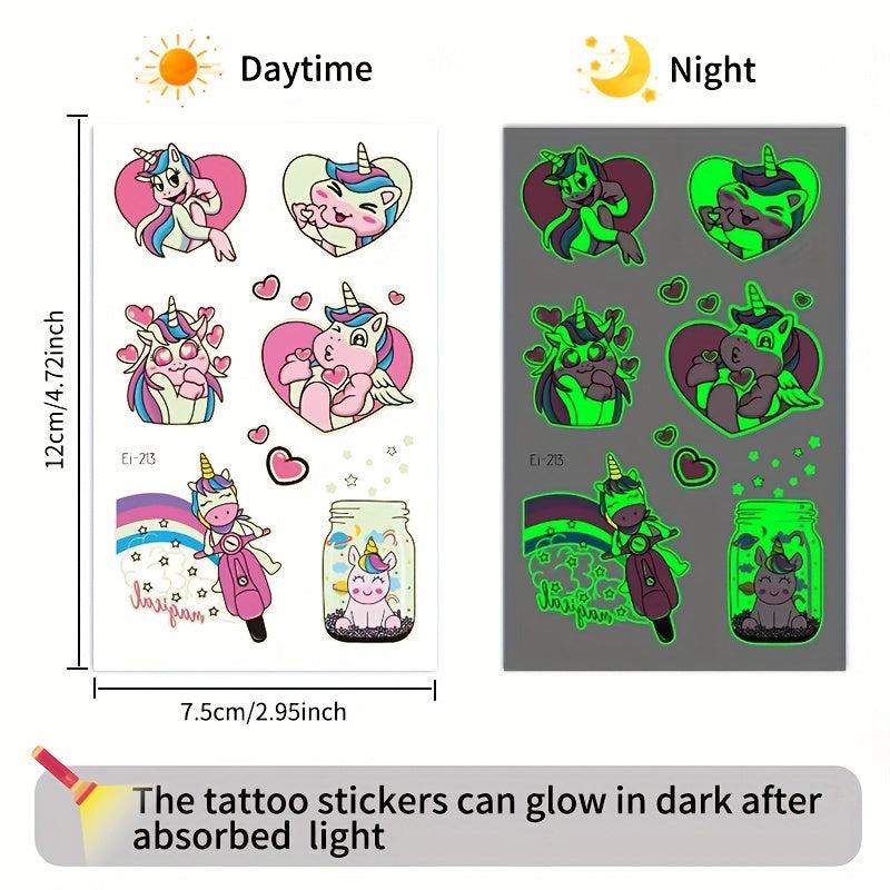 12 Sheets Unicorn Temporary Tattoo Glow In The Dark Rainbow Stickers