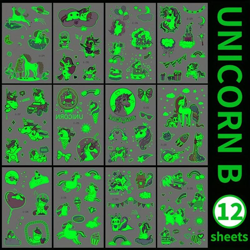 12 Sheets Unicorn Temporary Tattoo Glow In The Dark Rainbow Stickers