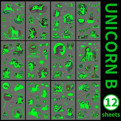 12 Sheets Unicorn Temporary Tattoo Glow In The Dark Rainbow Stickers