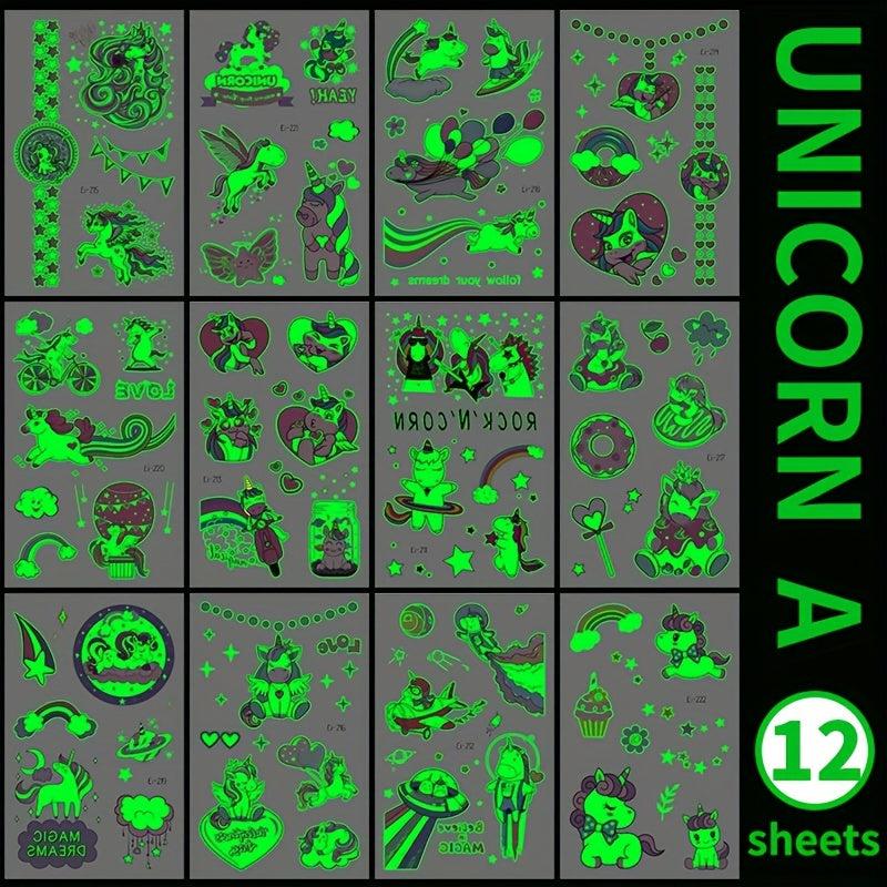 12 Sheets Unicorn Temporary Tattoo Glow In The Dark Rainbow Stickers