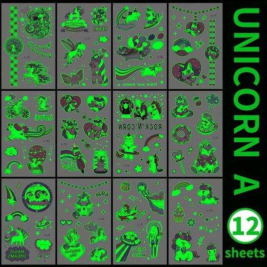 12 Sheets Unicorn Temporary Tattoo Glow In The Dark Rainbow Stickers