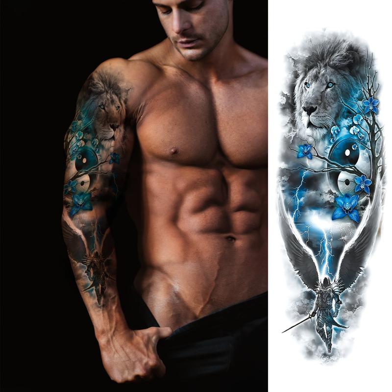 Lion Idol Clock Flowers Temporary Tattoo Realistic Stickers