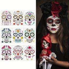 9 Sheets Sugar Skull Full Face Halloween Tattoos Stickers