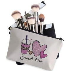 Coffee Heart Cosmetic Bag Sweet Time Letter Print Small Makeup Organizer