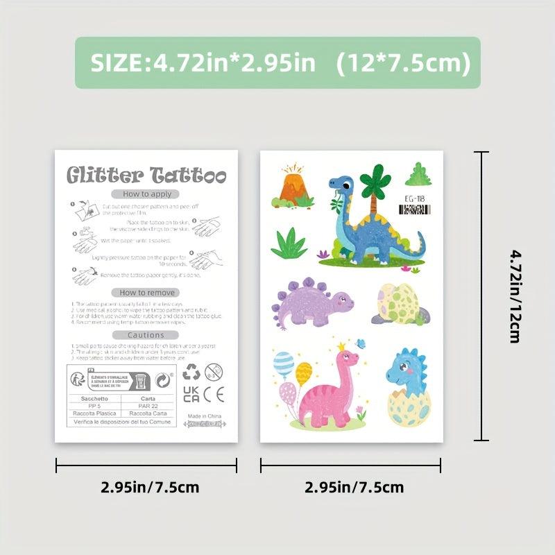 10 Sheets Dinosaur Temporary Tattoos Pterosauria Glitter Stickers