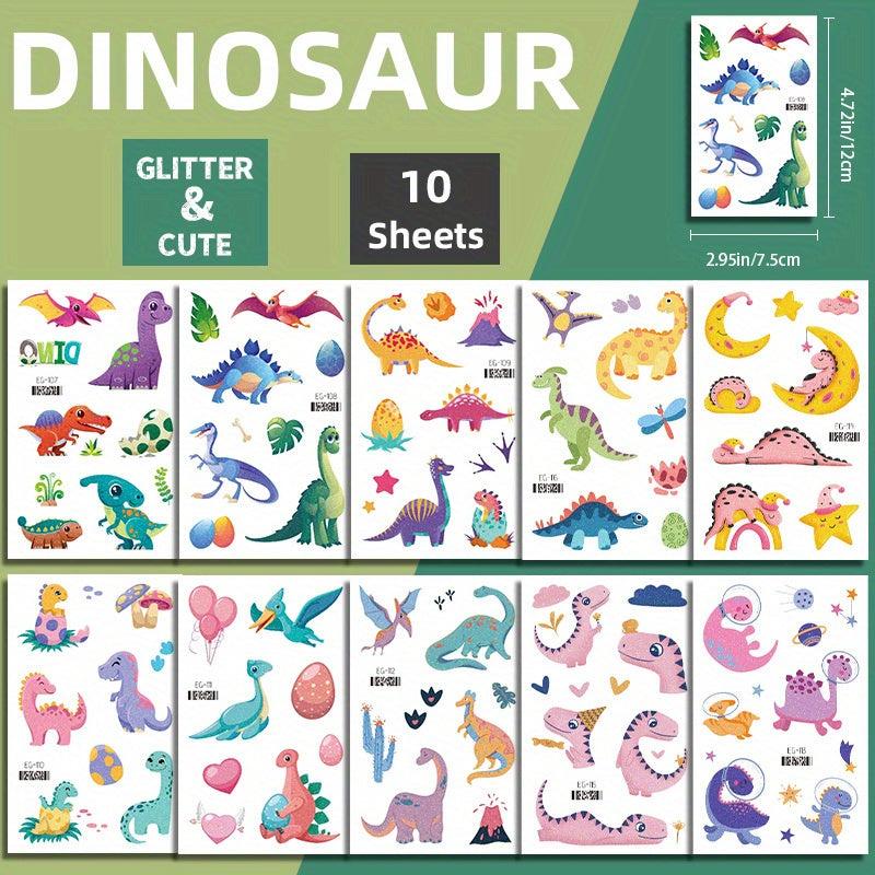 10 Sheets Dinosaur Temporary Tattoos Pterosauria Glitter Stickers