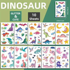 10 Sheets Dinosaur Temporary Tattoos Pterosauria Glitter Stickers
