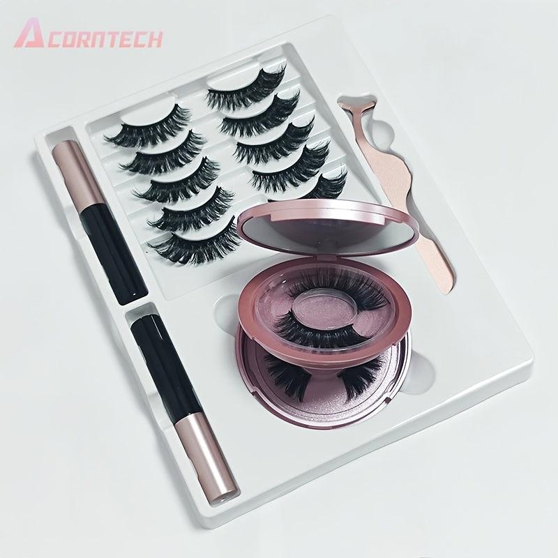 7 Pairs Double Magnetic False Eyelashes Set with Liquid Eyeliner and Tweezers