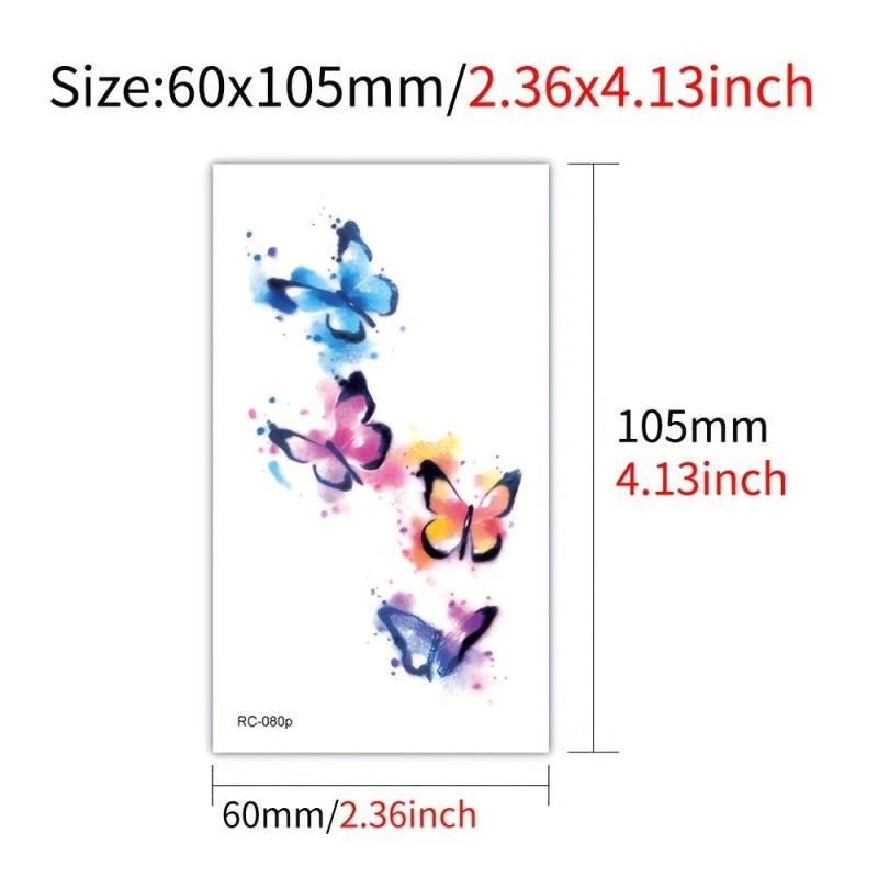 30 Sheets Watercolor Style Temporary Tattoos - Purple Red Butterfly Flower