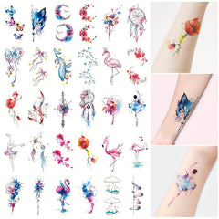 30 Sheets Watercolor Style Temporary Tattoos - Purple Red Butterfly Flower