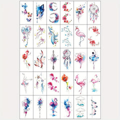 30 Sheets Watercolor Style Temporary Tattoos - Purple Red Butterfly Flower