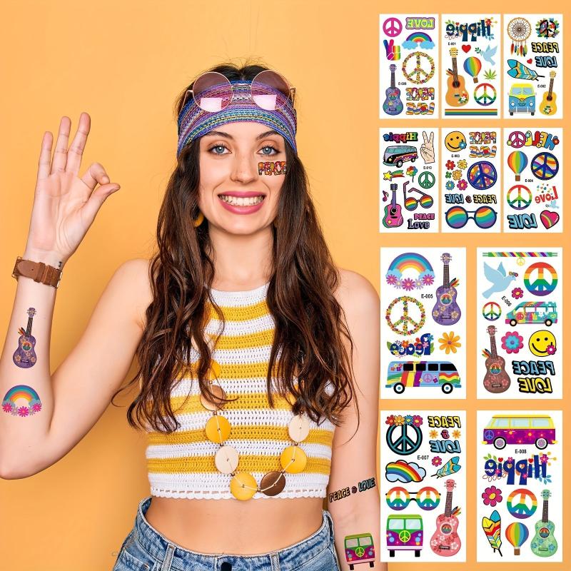 10 Sheets Waterproof Hippie Guitar Flower Tattoo Stick for Parties
