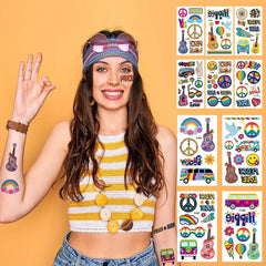 10 Sheets Waterproof Hippie Guitar Flower Tattoo Stick for Parties
