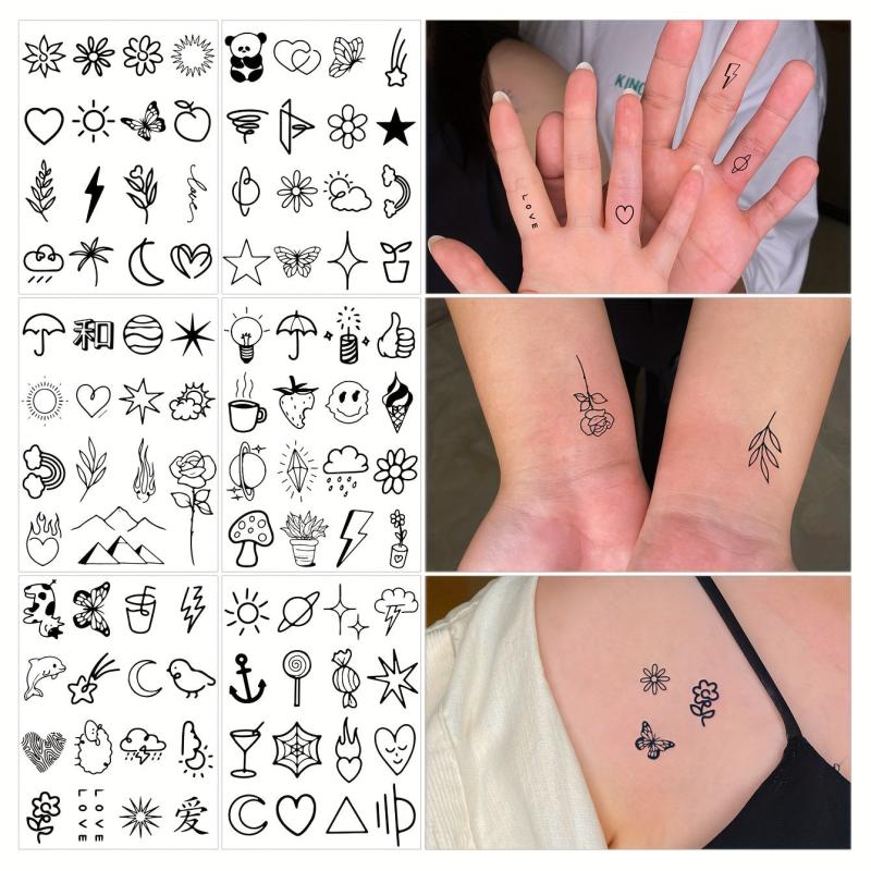 6 Sheets Small Tattoo Stickers Finger Wrist Collection Sweet Daily Body Art