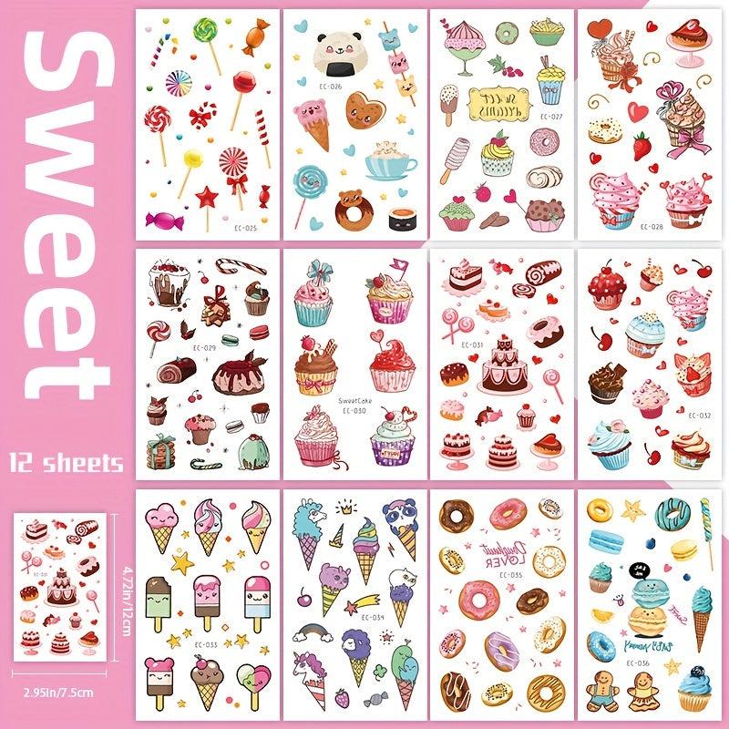 Sweet Desserts Temporary Tattoos Stickers for Kids - 12 Sheets