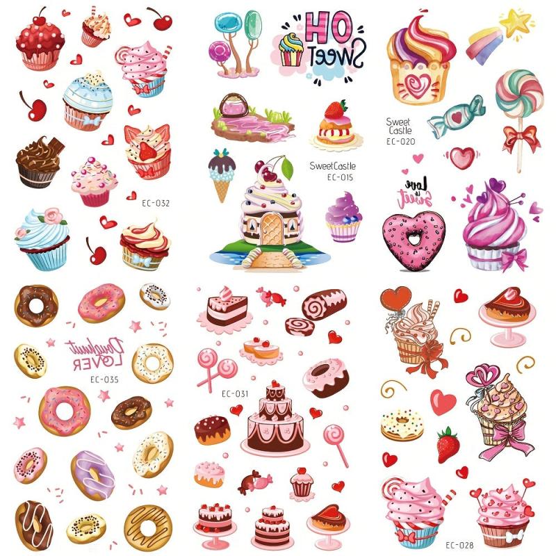 Sweet Desserts Temporary Tattoos Stickers for Kids - 12 Sheets