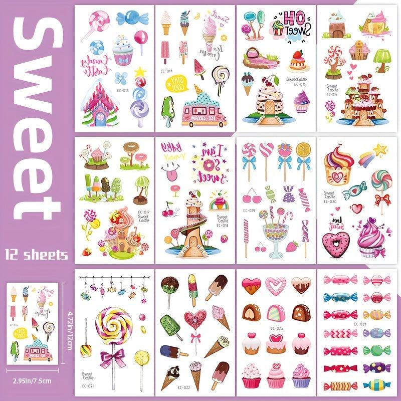 Sweet Desserts Temporary Tattoos Stickers for Kids - 12 Sheets
