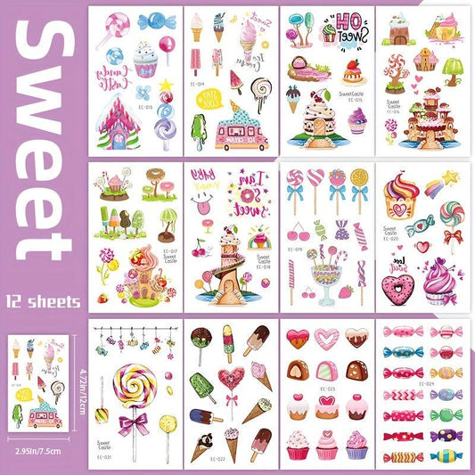 Sweet Desserts Temporary Tattoos Stickers for Kids - 12 Sheets