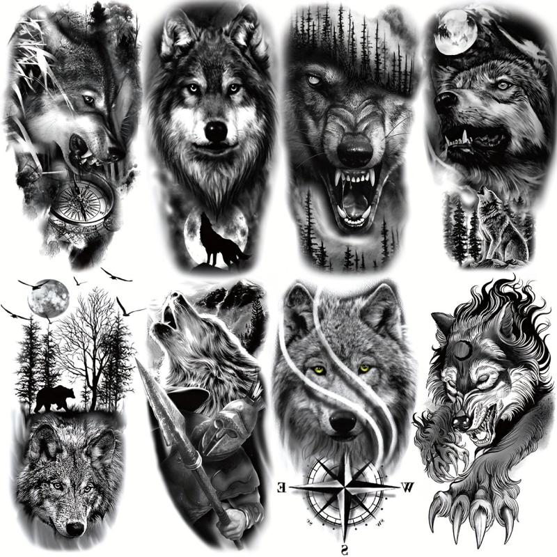 8 Pcs Wolf Head Temporary Tattoo Stickers, Body Art Large Half Arm Sleeve